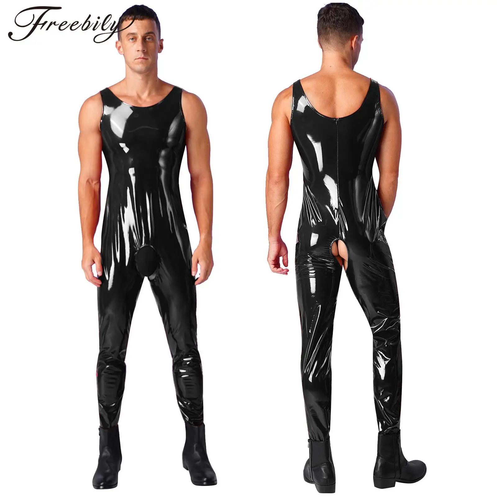 

Men Wet Look Patent Leather Bodysuit Sleeveless Sexy Crotchless Leotard Rave Party Club Pole Dancing Jumpsuit Clubwear Nightwear