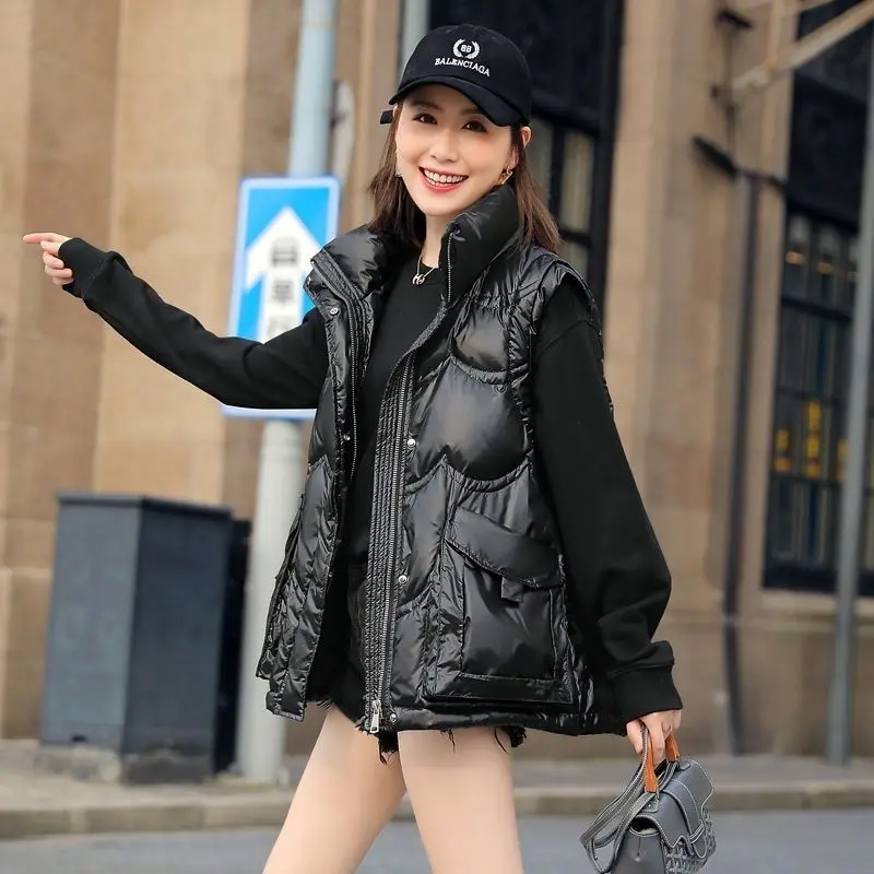 

2022 Hot Autumn and Winter New Down Vest Women's Medium-length Paragraph Loose Personality White Duck Down Shiny Vest Jacket