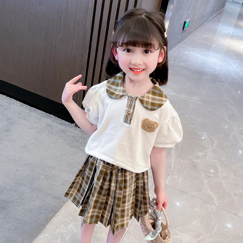 

Лето 2023, комплекты одежды для маленьких девочек, детская футболка с коротким рукавом и клетчатая юбка, костюм из 2 предметов, детская одежда принцессы