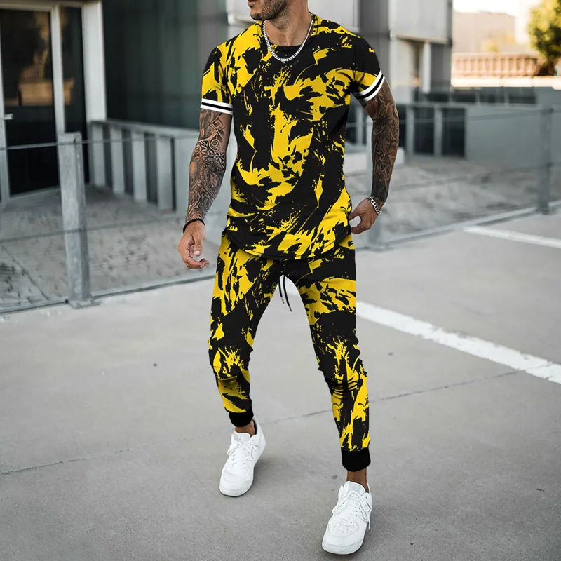 Men's Sets Summer 3D-Printed Graffiti Short Sleeve Shirt Trousers Suit Male Breathable Activewear Splatter T-shirt Pants Sets