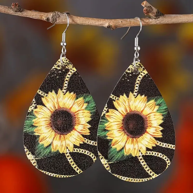

1Pair Bohemian Fashion Style PU Leather Droplet Earrings with Sunflower Print for Men and Women's Daily Wear Ear Jewelry Creativ