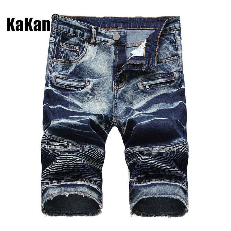 Kakan - Locomotive Zipper Wrinkled Men's Jeans, European and American Summer New Pants Five-point Jeans K010-1761