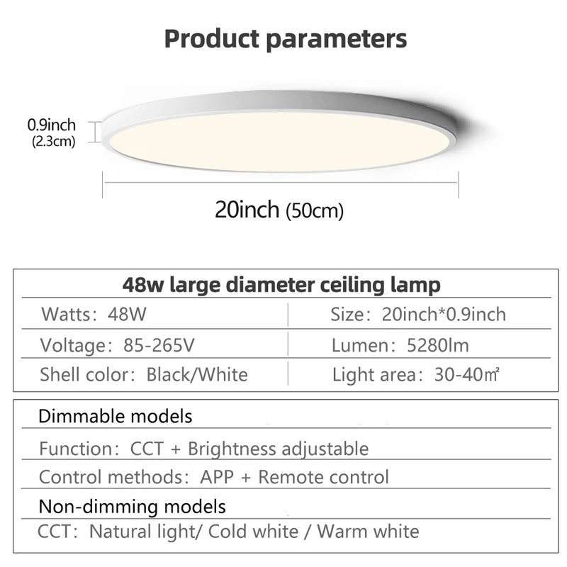 50CM Large Ceiling lamp Smart APP/ Remote Control Dimmable for Bedroom 48W Ceiling Lights AC 110/220V led lights for Living room