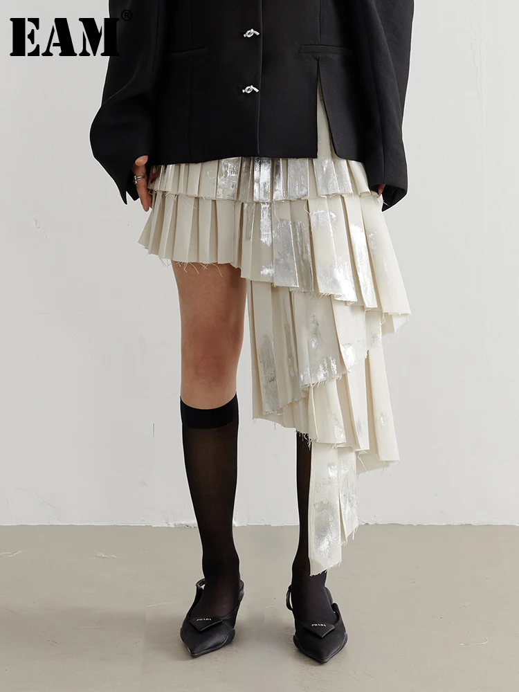 

[EAM] High Waist Beige Burr Pleated Irregular Loose Fit Print Mini Skirt Women Fashion Tide New Spring Summer 2023 1DF6146