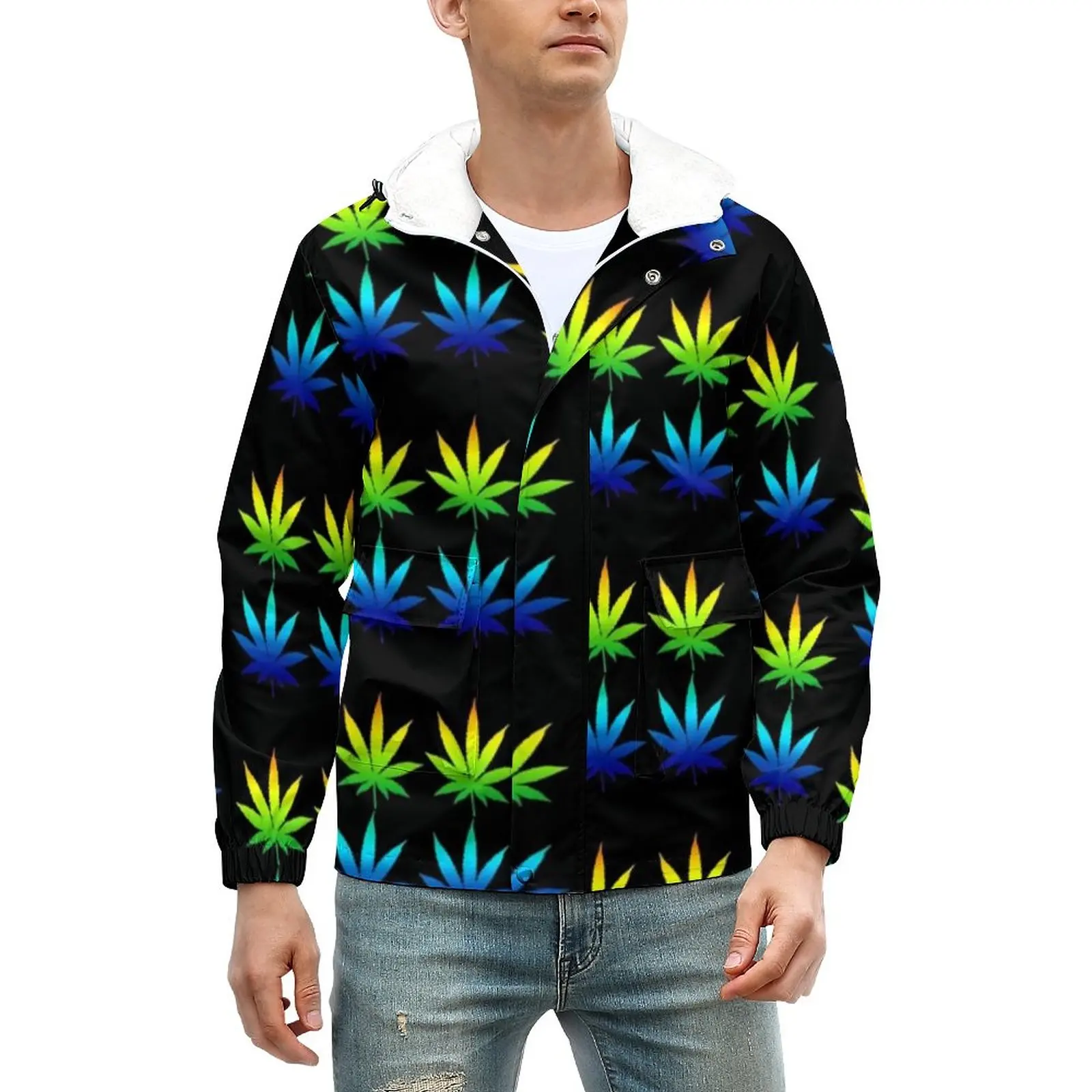 

Rainbow Weed Print Thick Casual Jackets Men Leaves Design Coats Winter Street Wear Jacket Hooded Graphic Outerwear Windbreakers