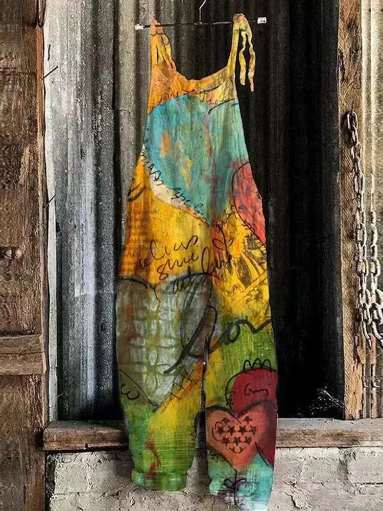 Женский свободный комбинезон без рукавов с квадратным вырезом и принтом листьев