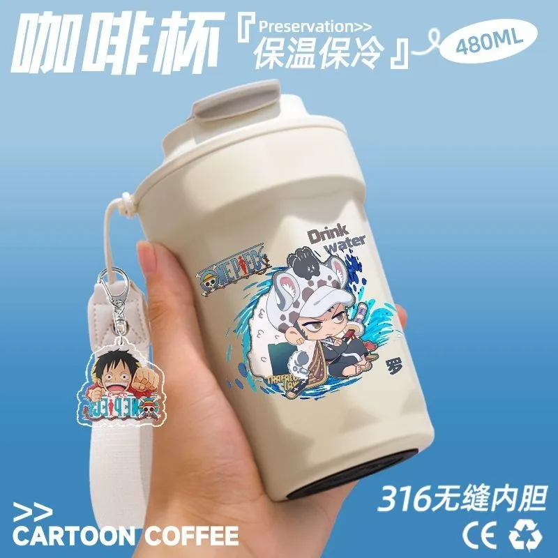 Фото Новая кофейная кружка с аниме-принтом One Piece (Дофламинго, Зоро, Санджи), большая вместимость, персонализированная термокружка из нержавеющей стали. №2