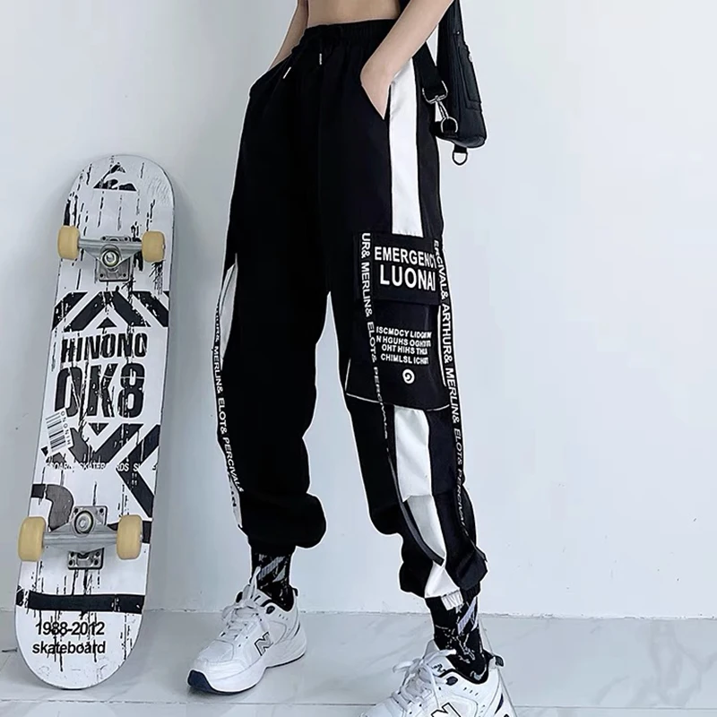 

Streetwear Women Elastic Waist Cargo Pants Female Fashion Jogger Trousers Ladies Baggy Casual Harem Pants Ribbon Pockets