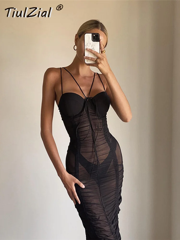 

TiulZial Black See Though Ruched Midi Sexy Dress 2023 Club Party Bandage Tighted Bodycon Dress Nightwear Women