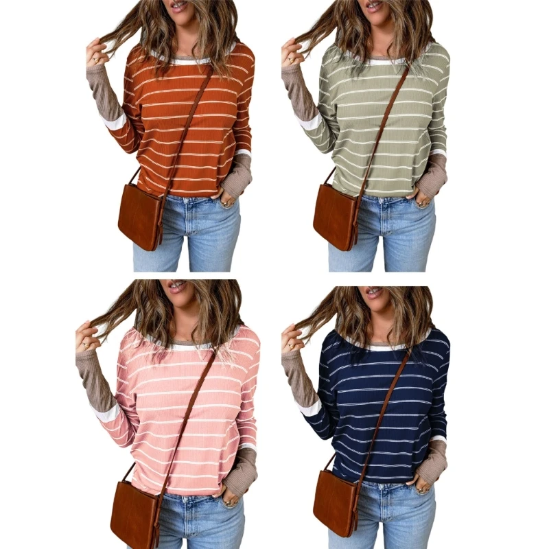 

Простая блузка с круглым вырезом, Модный Цветной пуловер, топ, полосатая футболка для женщин