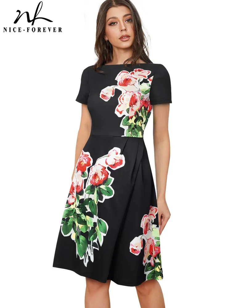 Женское платье-трапеция Nice-forever Элегантное летнее платье с цветочным принтом и