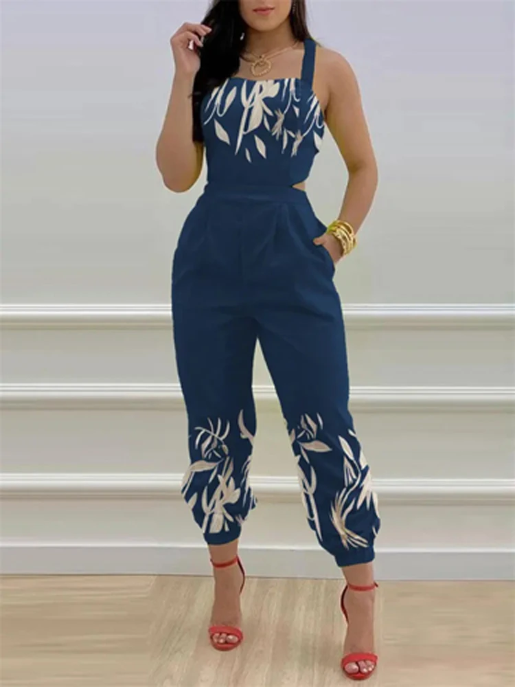 Summer Strap Solid Print Women Jumpsuit 2021 Summer Back Hollow Lace Up Sleeveless Overalls Elegant Office Lady One Piece Romper