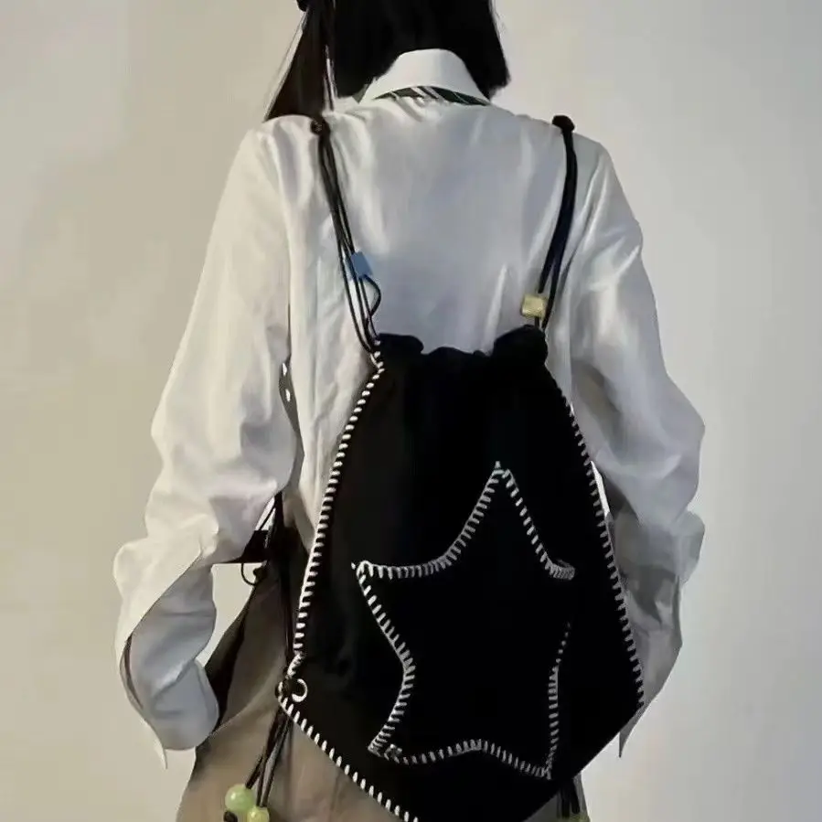 

Black Star Drawstring Backpacks Women Men Vintage Preppy Fashion Schoolbags Korean Casual Streetwear Y2k Aesthetic Crossbody Bag