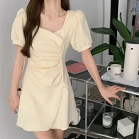 elegant dresses for women solid color folds sweet puff sleeve square collar summer woman dresses 2022 korean fashion
