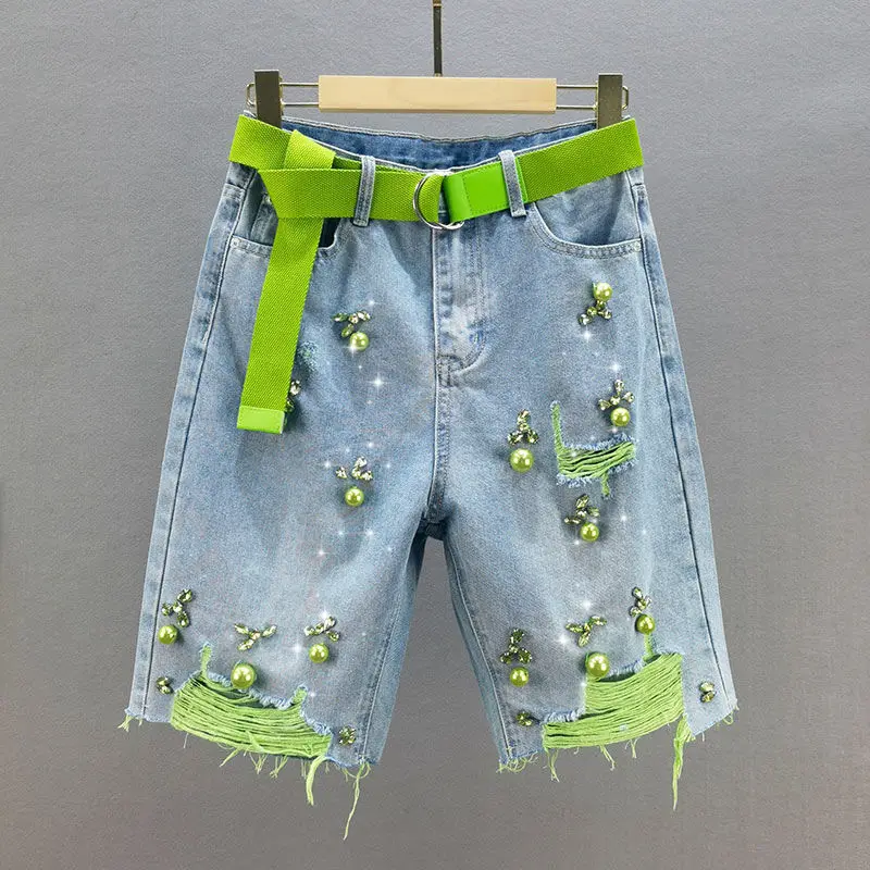 Diamond pierced denim shorts for women's summer new style loose high waist slim green beaded pants  trousers  harajuku