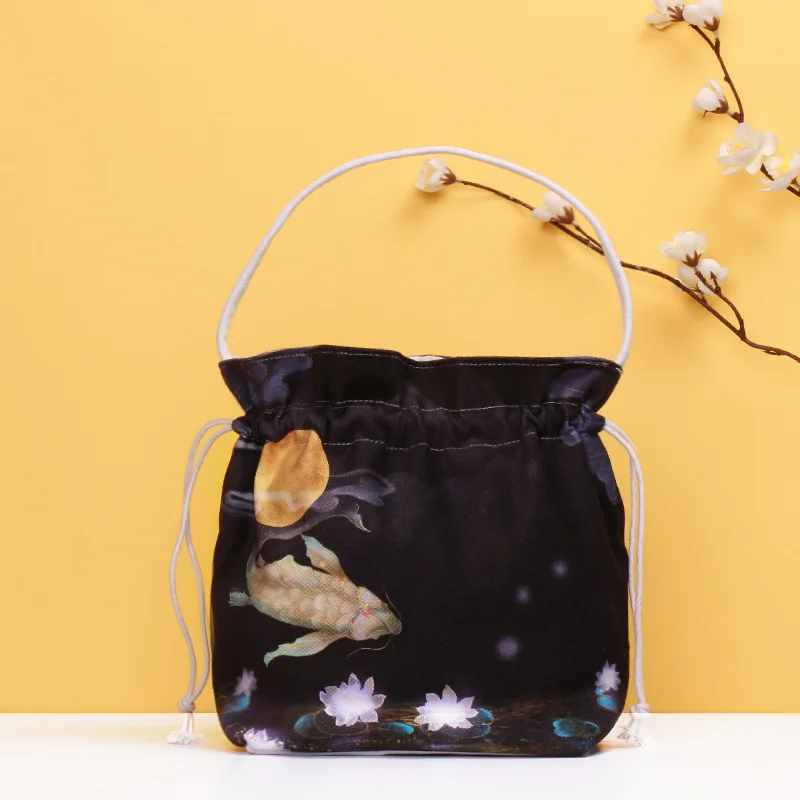 

Antique Han Suit Handbag Printed Canvas Messenger Bag Drawstring Nine-tailed Fox Vintage Drawstring Wrist Bag