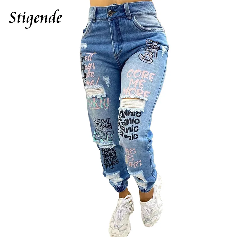 

Stigende Sexy Ripped Letter Print Jeans Women Hollow Out Hip Hop Denim Pants Casual Shredded Slim Fit Pencil Trousers Streetwear