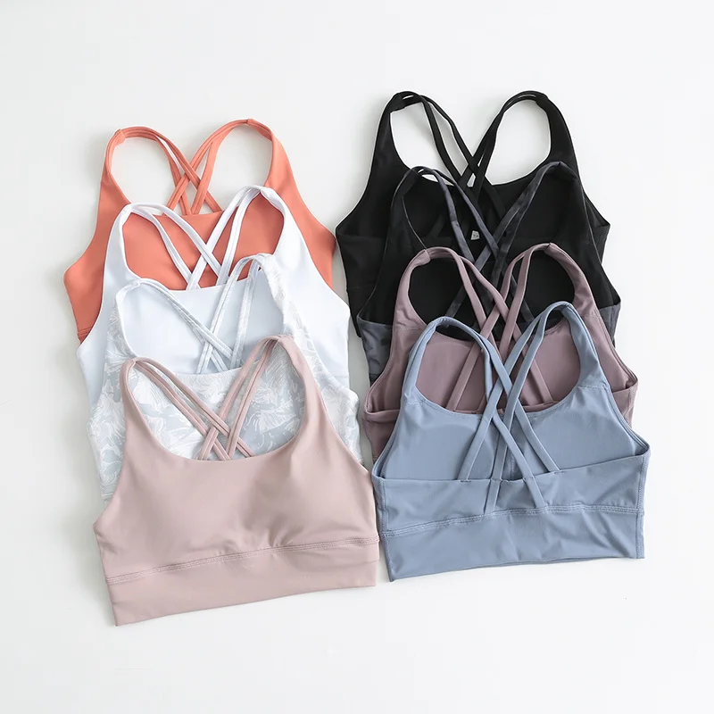 Women's Strappy Sports Bra Sexy Padded Criss Cross Back Fitness Running Bra Tops Medium Support Workout Yoga Bras with Logo