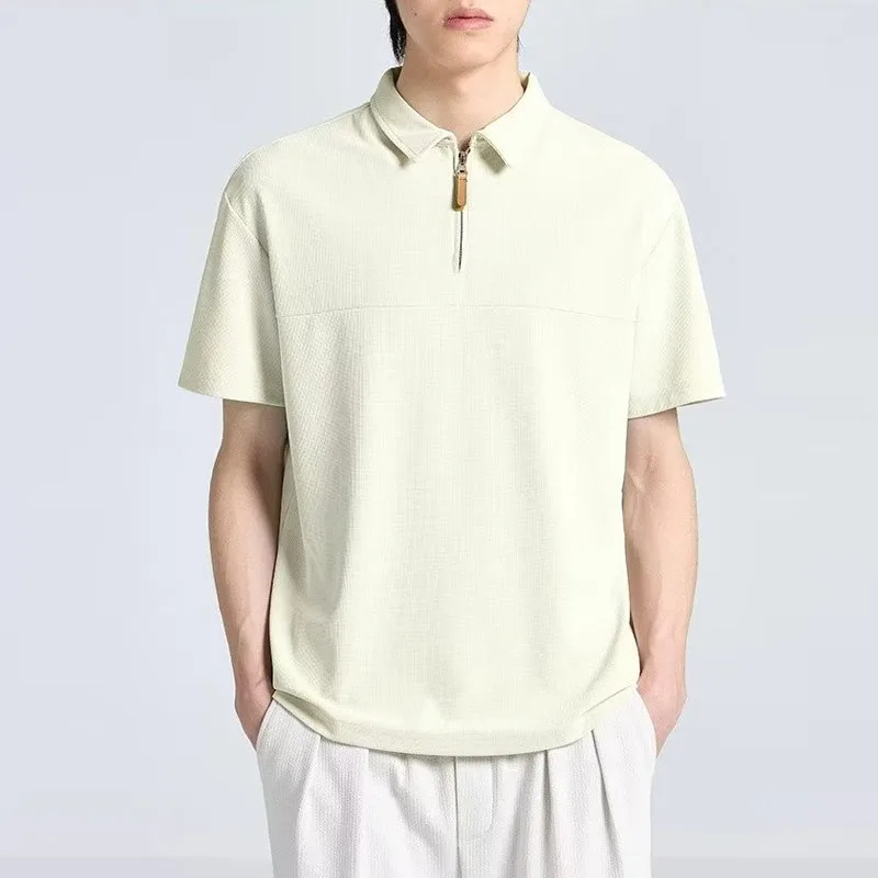 

Casual Pure Color Zipper Lapel Polo Shirts For Men Summer Leisure Short Sleeve Loose Pullover Tee Men's Clothing Fashion T Shirt