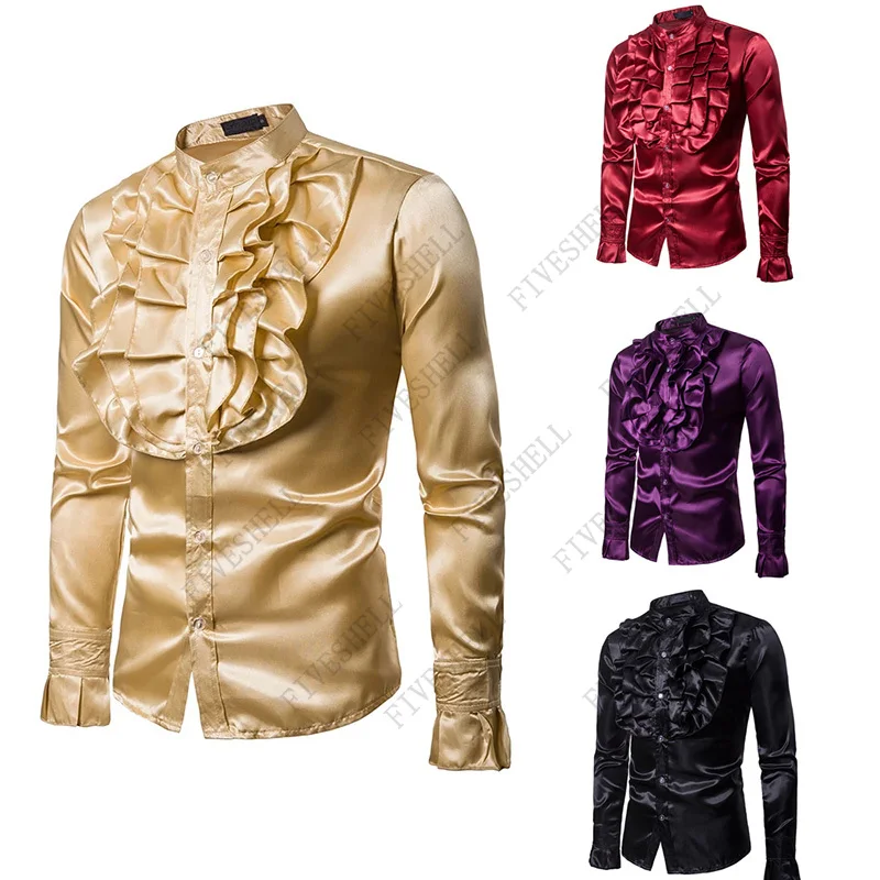 2023 Gold Silk Satin Shirt Men Fashion Vintage Wedding Tuxedo Shirt Mens Long Sleeve Slim Fit Shirts Camisa Social Masculina XXL