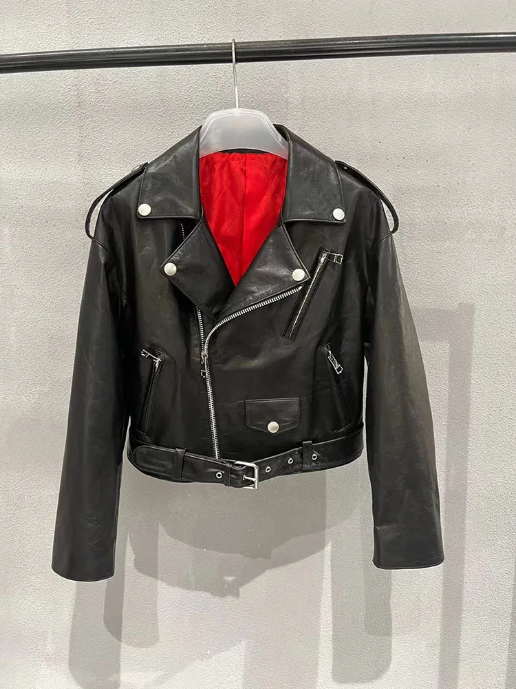 

Женская кожаная куртка, мотоциклетное пальто из натуральной коровьей кожи, верхняя одежда, весна 2023