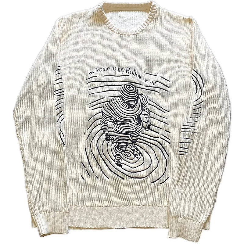 

Y2k Clothes Pullovers Sweaters Line Pattern Stripes Women's Knitted Streetwear Oversized Harajuku O Neck Knitwear Men Clothing