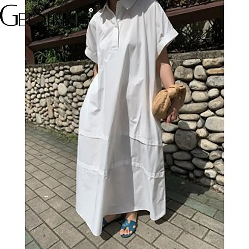 

GetSpring женское платье темпераментное простое свободное летнее платье для отдыха с коротким рукавом однотонные белые черные платья-рубашки Н...