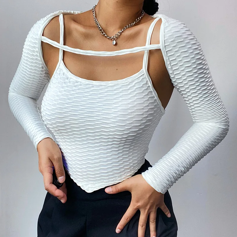 

White Tee Casual Shirts Women Long Sleeve Sexy Minimalist Solid Cropped Tops Women Fashion Autumn Girls Two Pieces Y2k Shirt