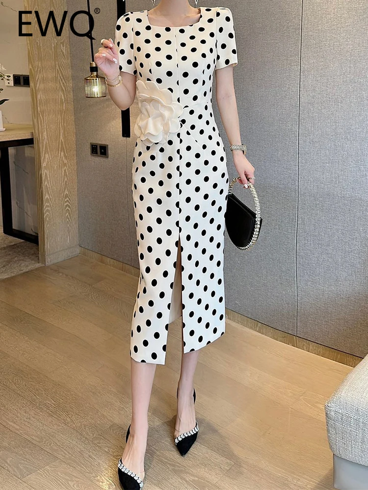 

EWQ Elegant Split Design Dress For Women 2023 Summer New Round Neck Short Sleeve Long Evening Dresses Female Clothing 26D2480