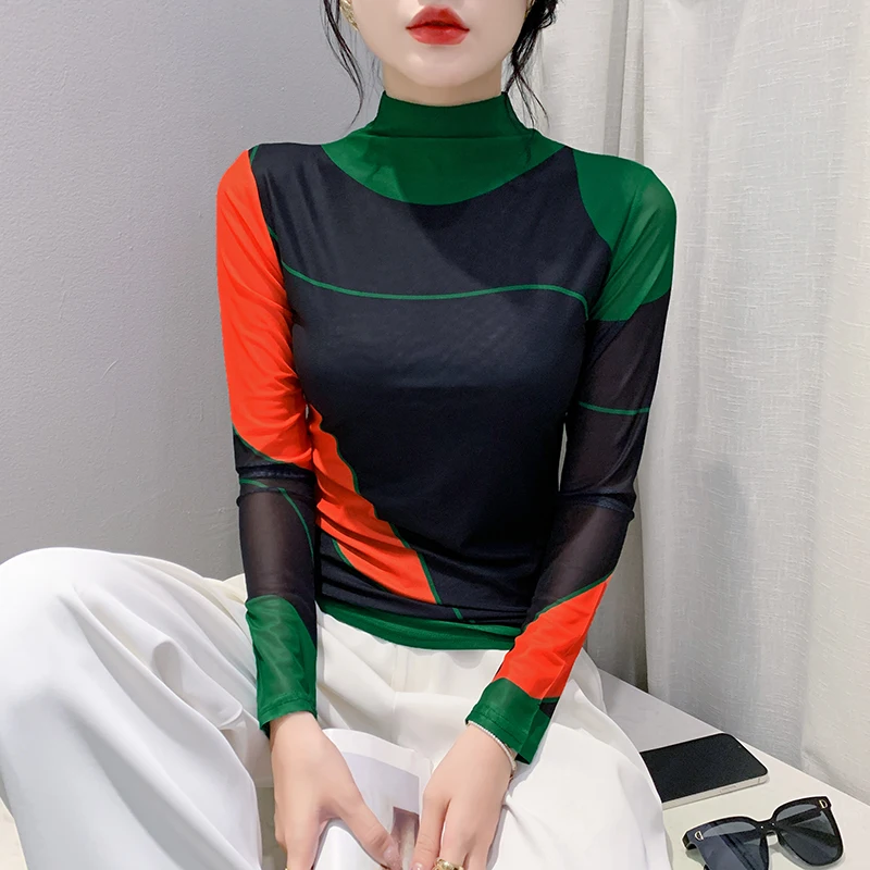 S-4XL женские осенне-зимние сетчатые футболки с высоким воротником и длинными