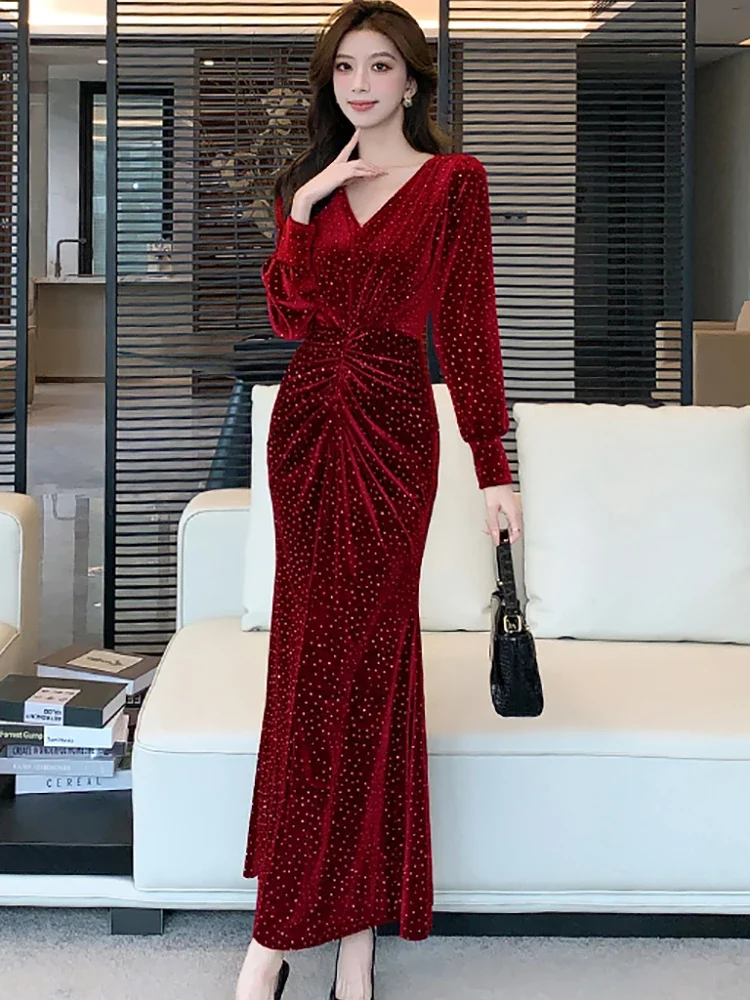 2025 фиолетовое бархатное шикарное платье макси с блестками в горошек женское