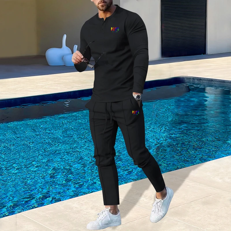 Spring and Autumn 2023 New Large Men's Solid Henley shirt Long Sleeve Pants Set Casual Fashion Comfortable Fit Fashion Spot