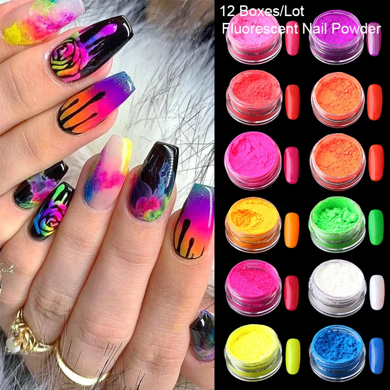 

12 Pots Neon Manicure Nail Art Powder Pigment Dust powder 12pcs Fluorenscence Spangle Nail Glitter Make Up sparkle Chrome Dust