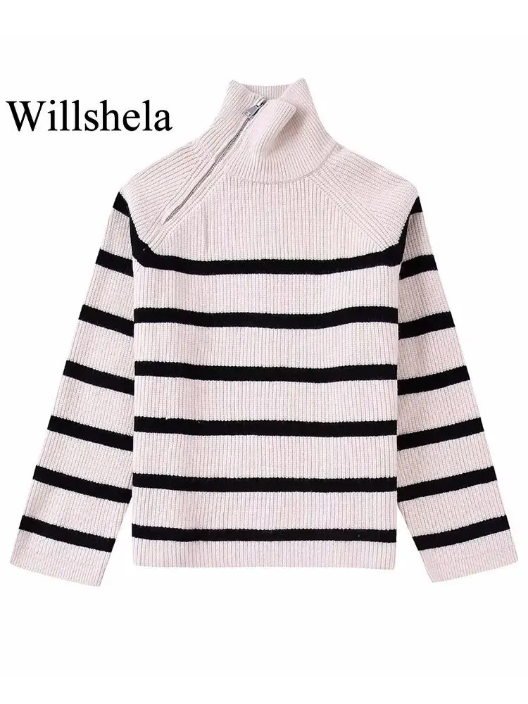 

Willshela Women Fashion Solid Side Zipper Knitted Pullover Sweater Vintage High Neck Long Sleeves Female Chic Lady Tops