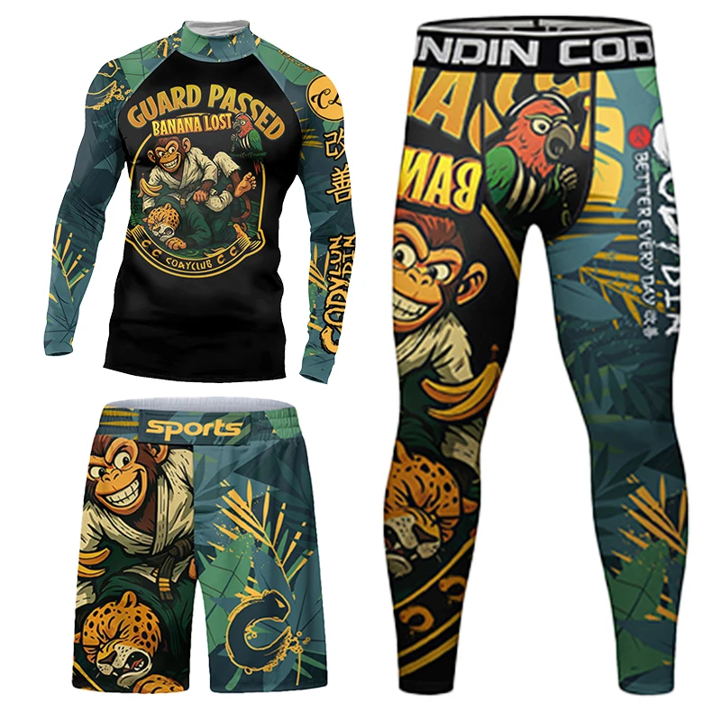 Фото Cody Lundin Man Rash Guard BJJ OEM Одежда Быстросохнущая Дышащая Боевая Бег Зеленое Золото Полный комплект Муай Тай Джиу №1