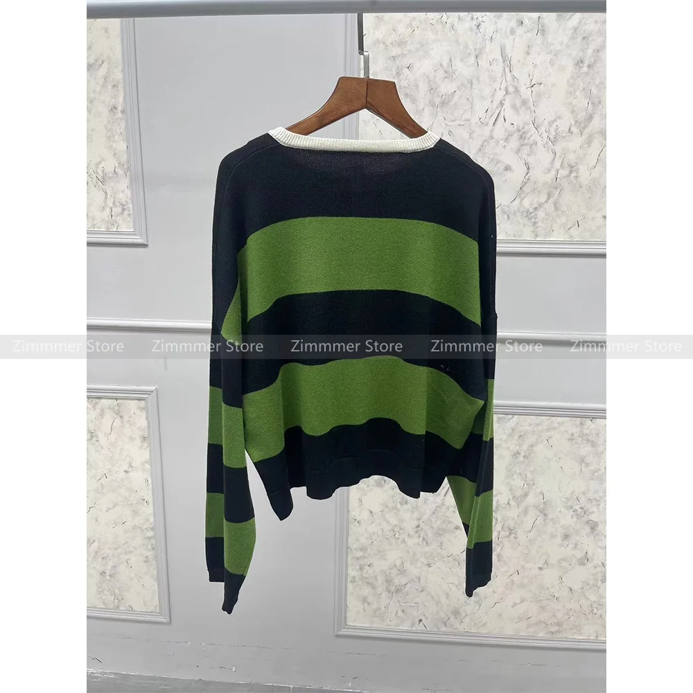 Модный женский 24 ранняя осень новый зеленый полосатый шерстяной пуловер на