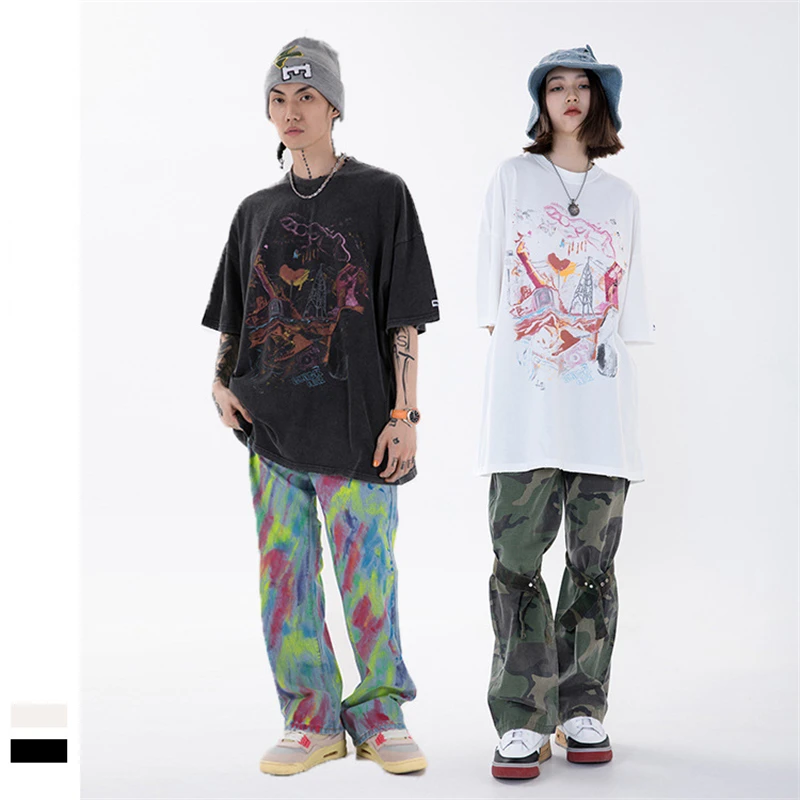 

Street skateboarding spring and summer new wash water do old printing short sleeves retro fun tide brand neutral T shirt male