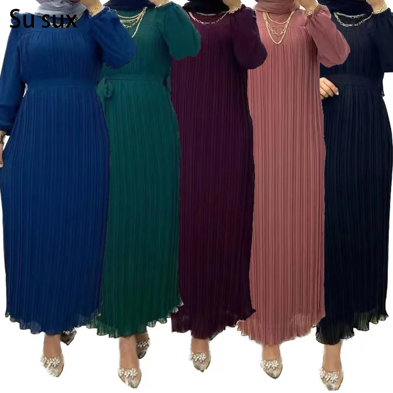 

Middle East Eid Ramadan Muslim Women Party Dress Abaya Dubai Kaftans Pleated Maxi Dresses Morocco Islam Robe Femme Musulmane