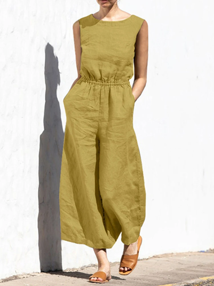 

Women's Fashion Design Back Buttoned Jumpsuit Casual Loose Pocket Rompers Summer Solid Color High Waist Sleeveless Slim Trousers