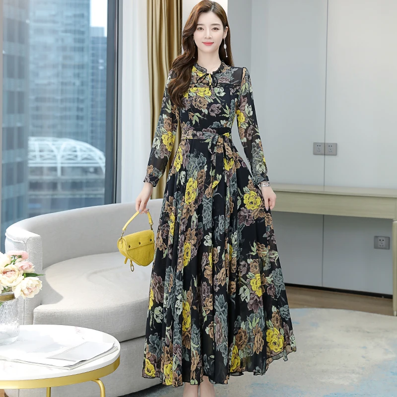 

Шифоновое пляжное платье-макси в стиле бохо с цветочным принтом, летние повседневные длинные платья с длинным рукавом, женские облегающие в...