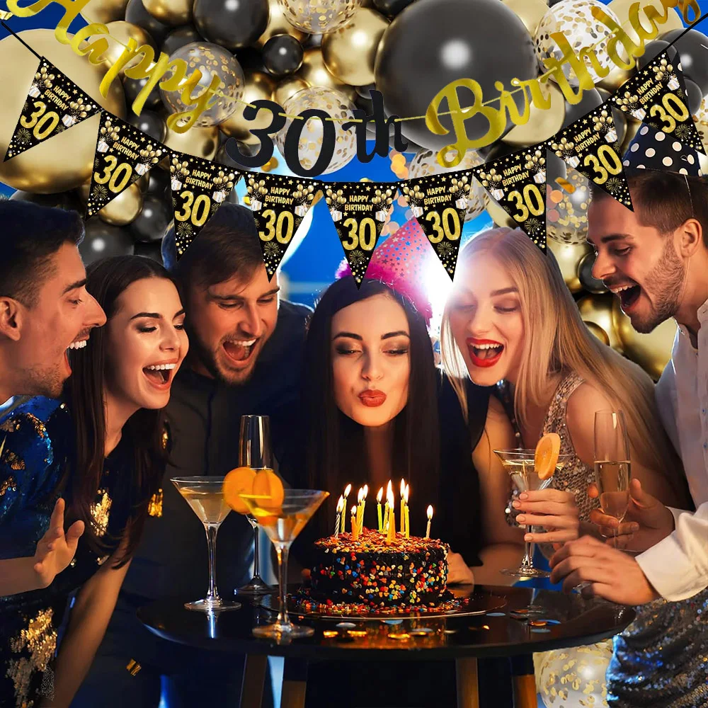 Украшение на день рождения баннер черного и золотого цвета с днем 18 30 40 50 60 дней