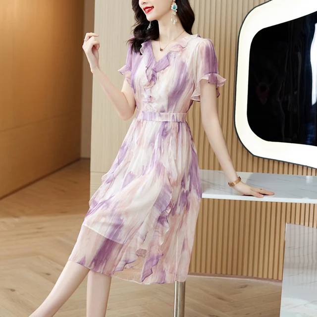 2022 Casual Vintage Silk Beach Resort Dress Summer Purple Printed Short  Sleeve Midi Dress Women Elegant Skinny Party Vestido - купить по выгодной  цене | AliExpress