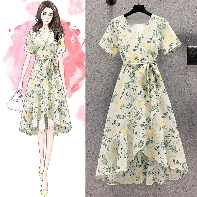 Casual Midi Summer Light Dress 2022 Aesthetic Chiffon Women's Dresses Tunics Yellow Fashion Floral Loose Korean Bodycon Elegant