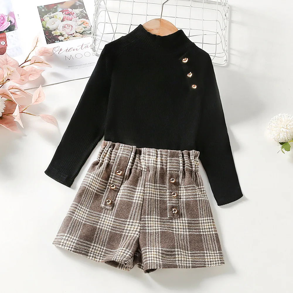 

Girls Sets Outfits 2022 Spring Autumn New Baby Kids Long Sleeve White Turtleneck Shirts Pullover Plaid Pant Sets Baby Clothes