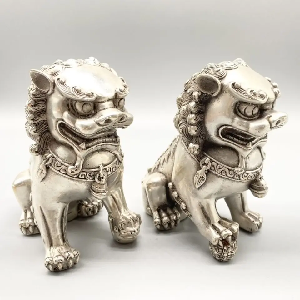 Китайская старая тибетская Серебряная резная пара собака Лев статуя - купить по