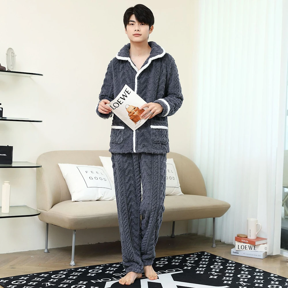 Thicken Autumn And Winter Men Pajama Sets Keep Warm Nightgown Comfortable Soft Sleepwear Suit Pocket Design