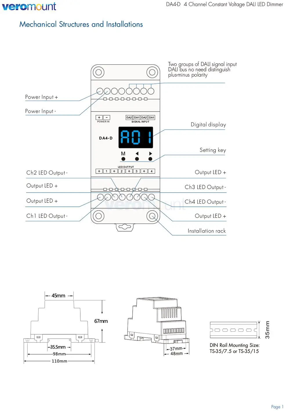 Фото Skydance DA4-D 4CH*5A 12-24VDC CV DALI Диммер (Din Rail) (DT6) PMW Диммирование 4x (60-120)W Драйвер для одноцветных полосовых светильников RGBW №4
