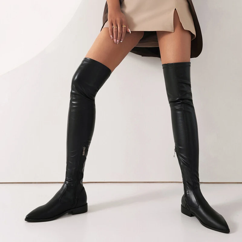 Stretch Skintight Women Flat Long Boots Pointed toe Over Knee High Flats Shoes Wide Leg Size 48 Big Feet Ladies Booties
