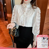 vintage blouse women solid white lace blouse shirts new summer korean button loose shirt tops female hollow casual ladies blouse