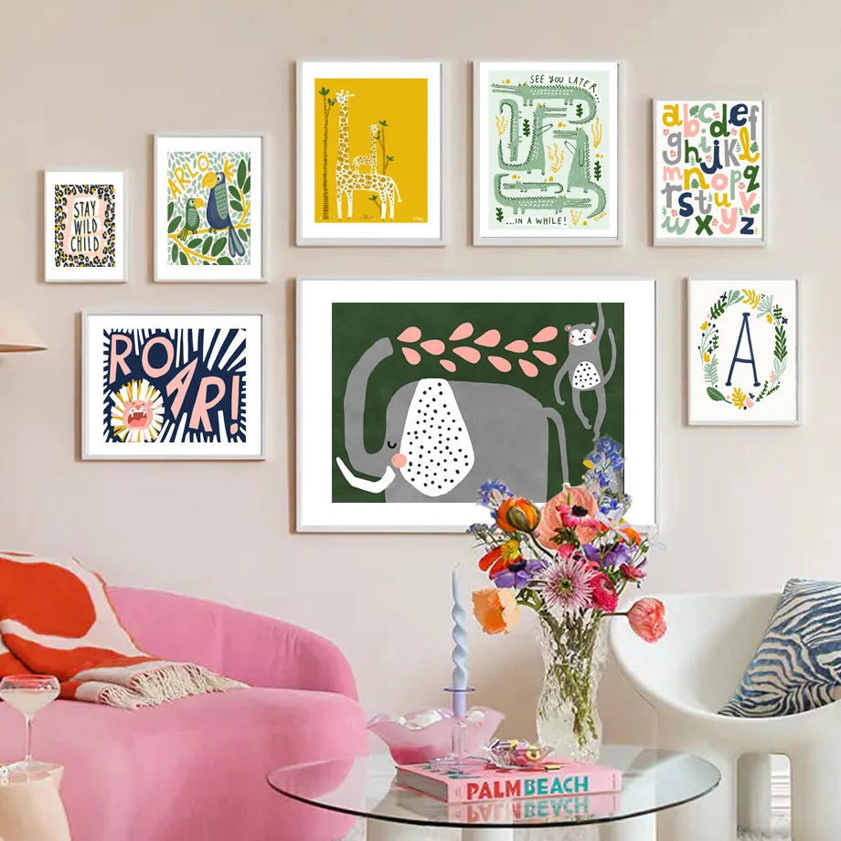 Живопись на холсте "Джунгли. Аллигатор, слон, жираф, лев". Постеры и печати в стиле Нордик. Иллюстрации для декора детской комнаты.